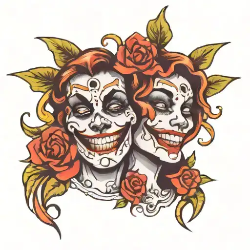 smile now cry later faces tattoo design idea