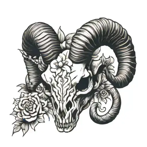 Ram Skull with Edelweiss flower intertwined tattoo design idea