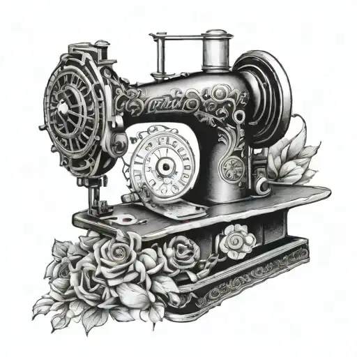 A tattoo design depicting a vintage sewing machine surrounded by iconic symbols from literature tattoo design idea