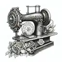 A tattoo design depicting a vintage sewing machine surrounded by iconic symbols from literature tattoo design idea