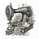 A tattoo design depicting a vintage sewing machine surrounded by iconic symbols from literature tattoo design idea