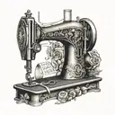 A tattoo design depicting a vintage sewing machine surrounded by iconic symbols from literature tattoo design idea