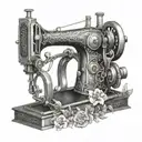 A tattoo design depicting a vintage sewing machine surrounded by iconic symbols from literature tattoo design idea