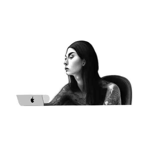 a woman sitting in front of a computer tattoo design idea
