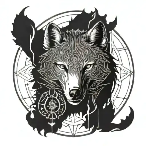 An intricate mandala design incorporating gaming symbols and a wolf silhouette tattoo design idea