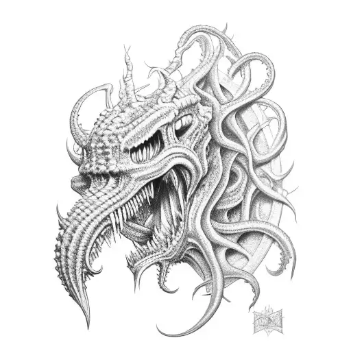 side face hydra head, mouth open big theeth in lovecraft style tattoo design idea