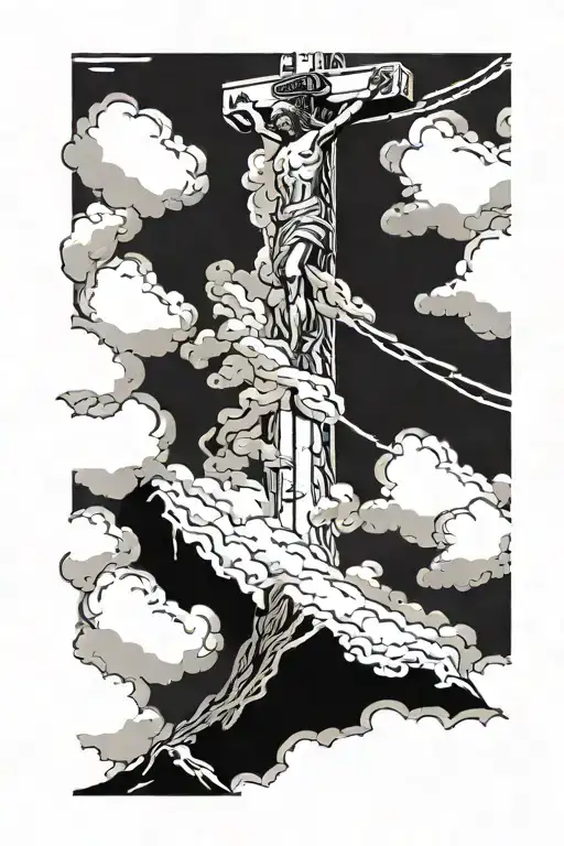 Mountains, Jesus Christ on the cross, clouds, and "Isaiah 6:8" at the top of the tattoo.  tattoo design idea