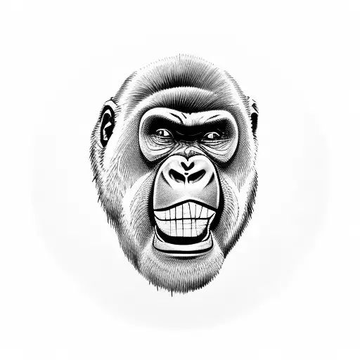 A blackwork tattoo of a gorilla face with a HQ dialog balloon on his mouth tattoo design idea