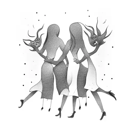 A whimsical illustration of three sisters holding hands tattoo design idea