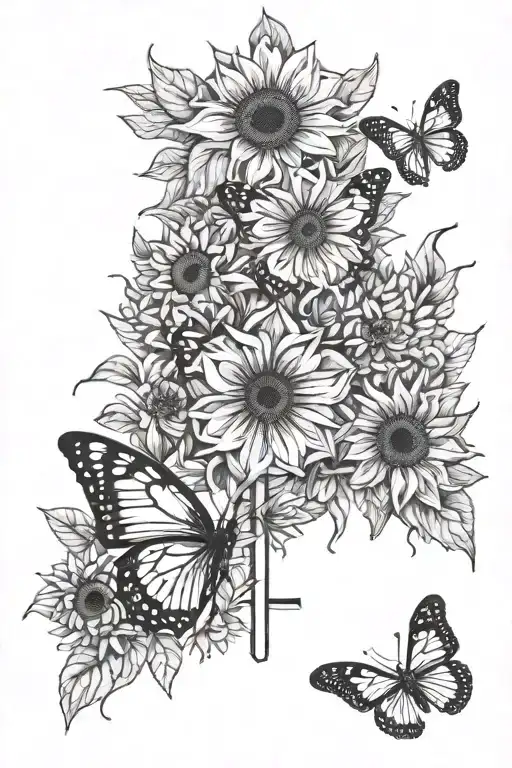 Three butterflies and sunflowers and a cross tattoo design idea