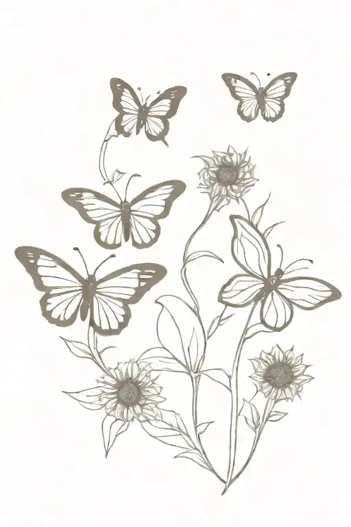 Three butterflies and sunflowers and a cross tattoo design idea