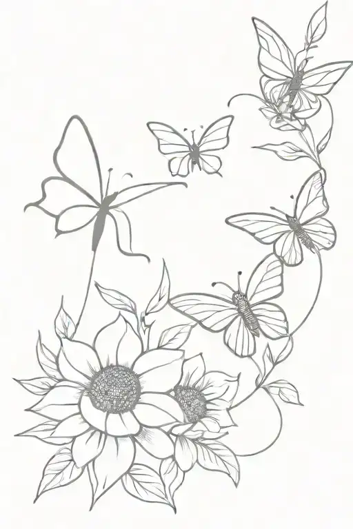 Three butterflies and sunflowers and a Burgundy Cross intertwined tattoo design idea