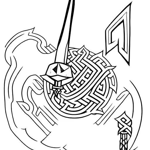 A powerful Norse god, Thor, wielding his mighty hammer Mjölnir, surrounded by lightning bolts and Viking runes tattoo design idea