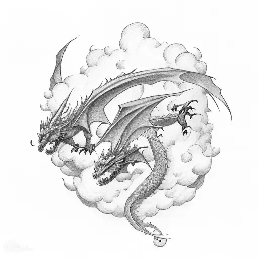 Two dragons flying up the arm with clouds and red flowers surrounding them tattoo design idea