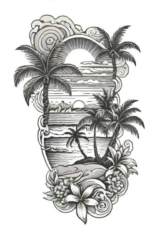 Create a black and gray forearm tattoo of a tropical beach sunset with some representation of ocean symbols. tattoo design idea