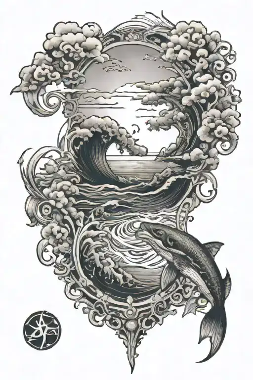 The tattoo design showcases a stunning ocean view, primarily in black ink with detailed shading to convey depth and move tattoo design idea