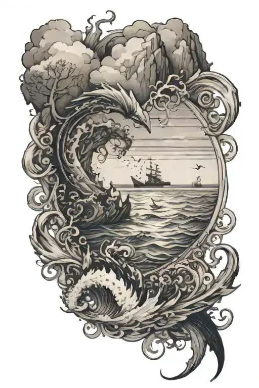 The tattoo design showcases a stunning ocean view, primarily in black ink with detailed shading to convey depth and move tattoo design idea