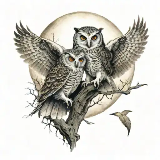 wooded scene with baby owls flying towards moon tattoo design idea