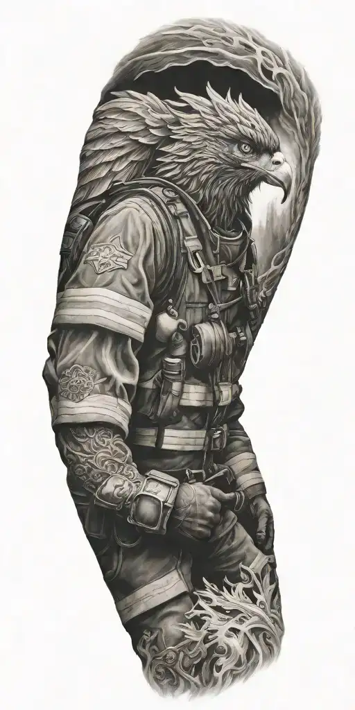 firefighter sleeve tattoo featuring phoenix  tattoo design idea