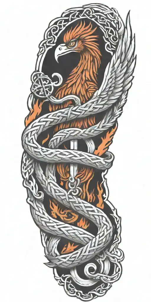 Firefighter themed sleeve with a phoenix with a maltis cross  transitioning into firehose Celtic knot work tattoo design idea