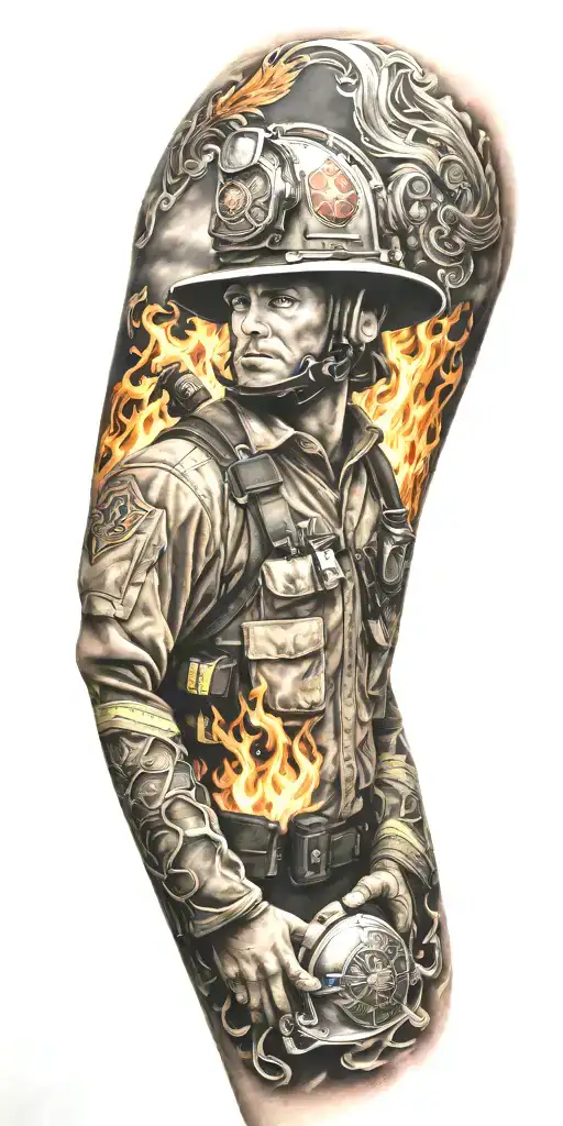 firefighter sleeve tattoo featuring phoenix  tattoo design idea