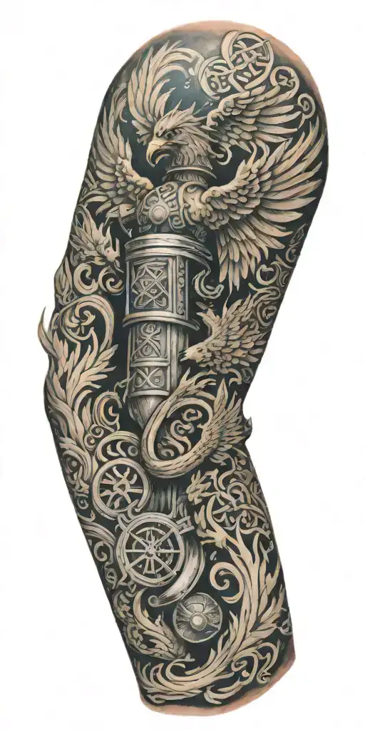 Firefighter themed sleeve with a phoenix, maltis cross, fire hose, Celtic knot work, and water tattoo design idea