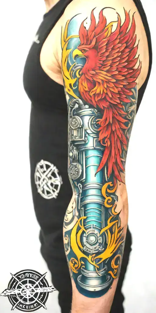 firefighter sleeve tattoo featuring phoenix, water, hydrant, fire hose, fire helmet tattoo design idea