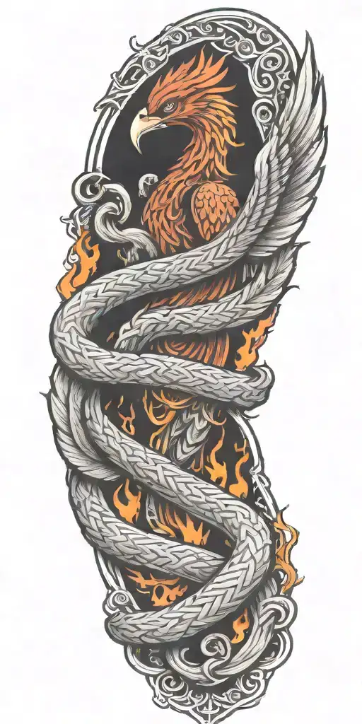 Firefighter themed sleeve with a phoenix transitioning   Into firehose Celtic knot work tattoo design idea