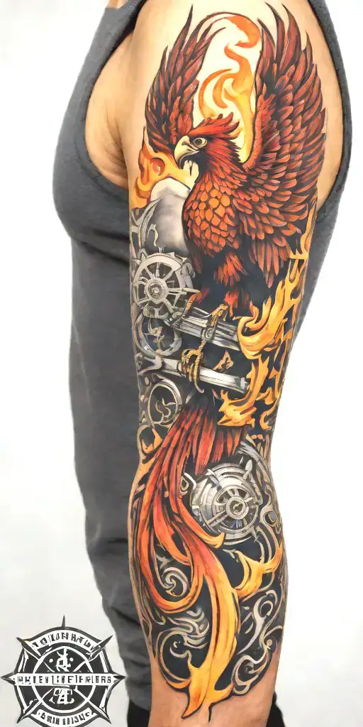 firefighter sleeve tattoo featuring phoenix  tattoo design idea
