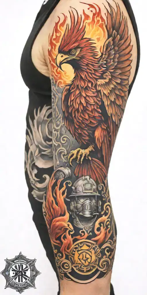 firefighter sleeve tattoo featuring phoenix  tattoo design idea