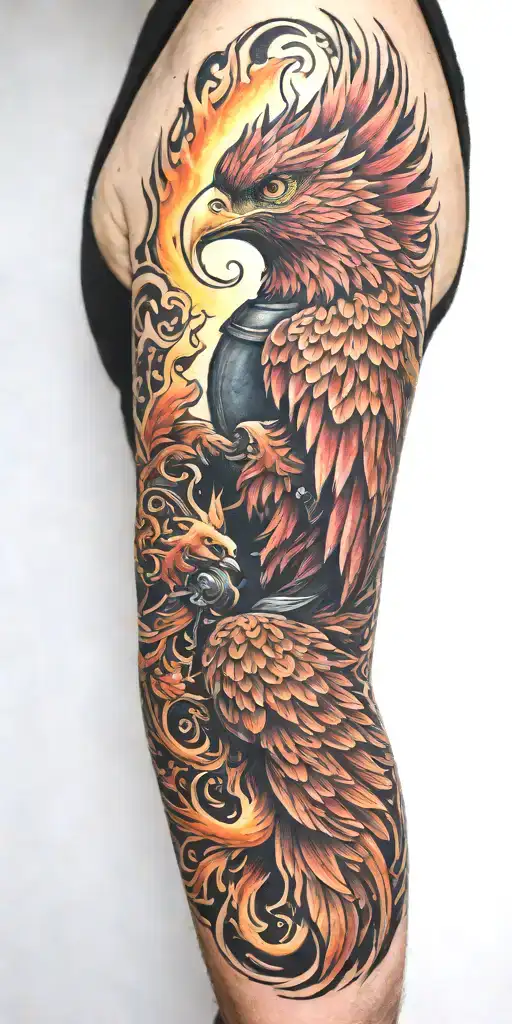 firefighter sleeve tattoo featuring phoenix  tattoo design idea