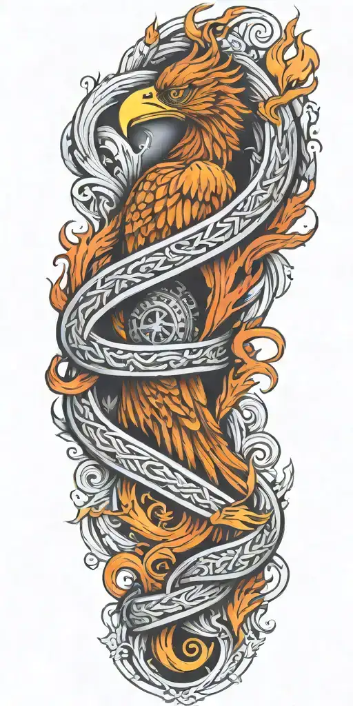 Firefighter themed sleeve with a phoenix transitioning   Into firehose Celtic knot work tattoo design idea