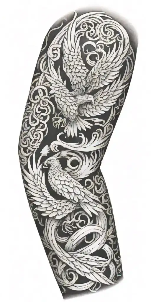 Firefighter themed sleeve with a phoenix transitioning   Into firehose Celtic knot work tattoo design idea