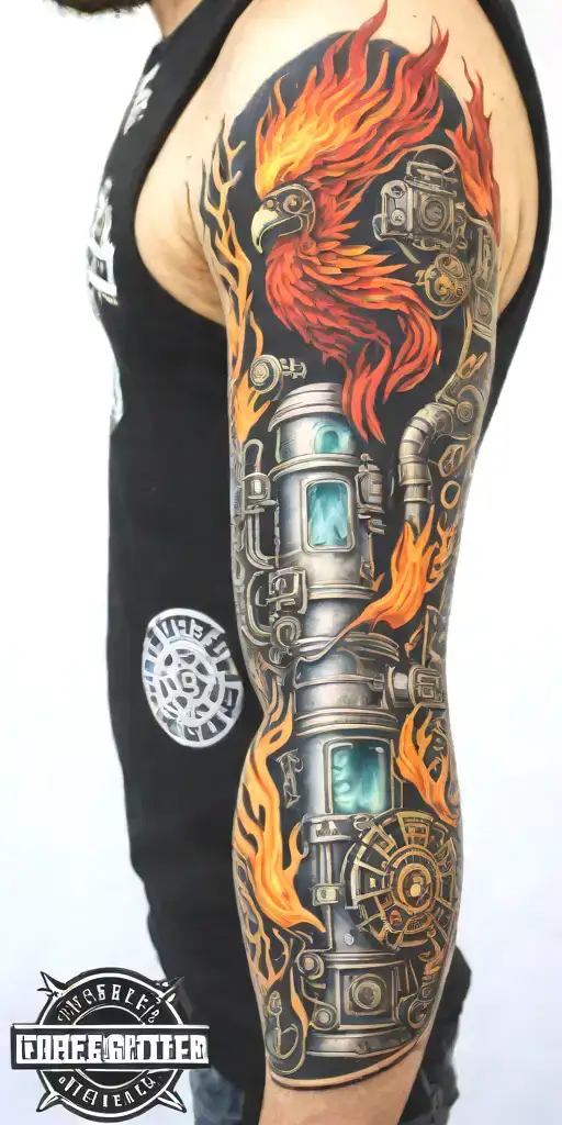 firefighter sleeve tattoo featuring phoenix, water, hydrant, fire hose, fire helmet tattoo design idea