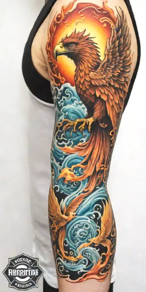firefighter sleeve tattoo featuring phoenix and water tattoo design idea