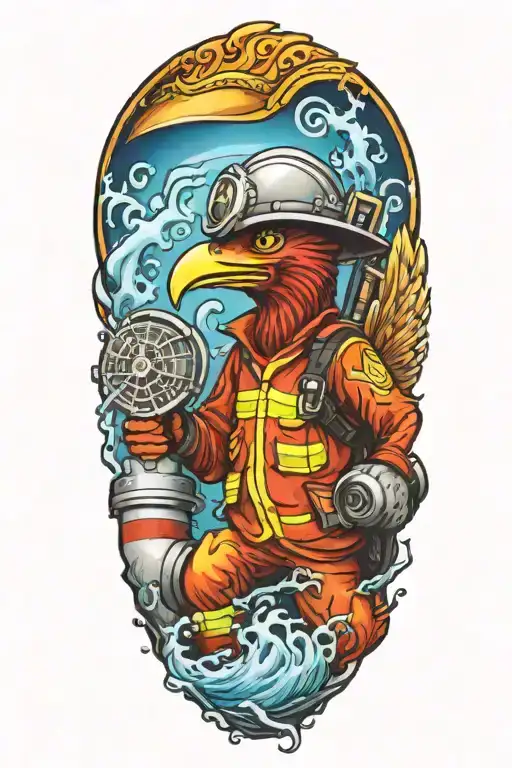 firefighter sleeve tattoo featuring phoenix, water, hydrant, fire hose, fire helmet, baseball tattoo design idea