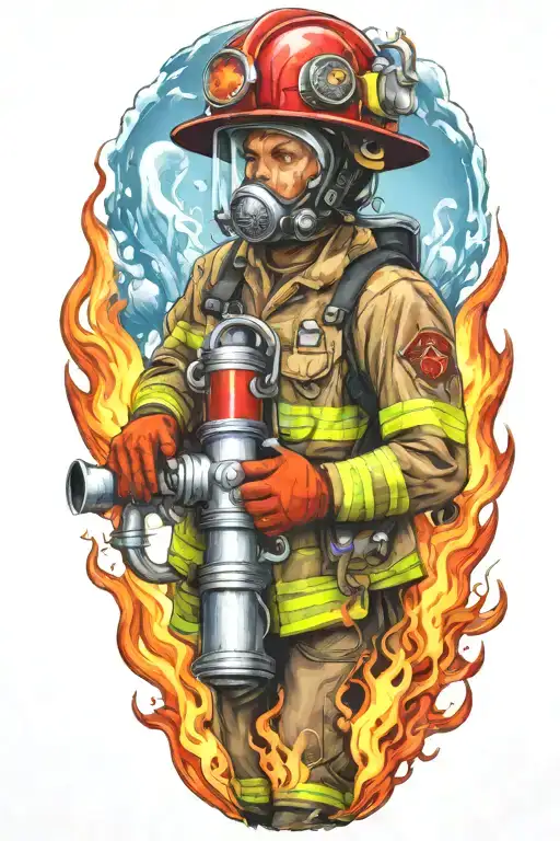 firefighter sleeve tattoo featuring phoenix, water, hydrant, fire hose, fire helmet, baseball tattoo design idea
