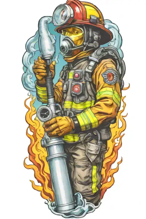 firefighter sleeve tattoo featuring phoenix, water, hydrant, fire hose, fire helmet, baseball tattoo design idea