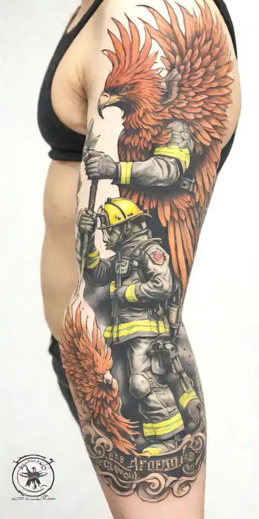 firefighter sleeve tattoo featuring phoenix  tattoo design idea