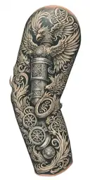 Firefighter themed sleeve with a phoenix, maltis cross, fire hose, Celtic knot work, and water tattoo design idea