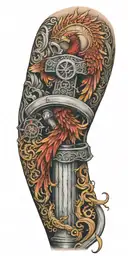 Firefighter themed sleeve with a phoenix, maltis cross, fire hose, Celtic knot work, and water tattoo design idea
