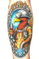 firefighter sleeve tattoo featuring phoenix, water, hydrant, fire hose, fire helmet, baseball tattoo design idea