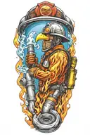 firefighter sleeve tattoo featuring phoenix, water, hydrant, fire hose, fire helmet, baseball tattoo design idea