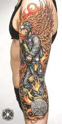 firefighter sleeve tattoo featuring phoenix  tattoo design idea