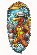 firefighter sleeve tattoo featuring phoenix, water, hydrant, fire hose, fire helmet, baseball tattoo design idea