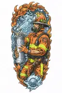 firefighter sleeve tattoo featuring phoenix, water, hydrant, fire hose, fire helmet, baseball tattoo design idea