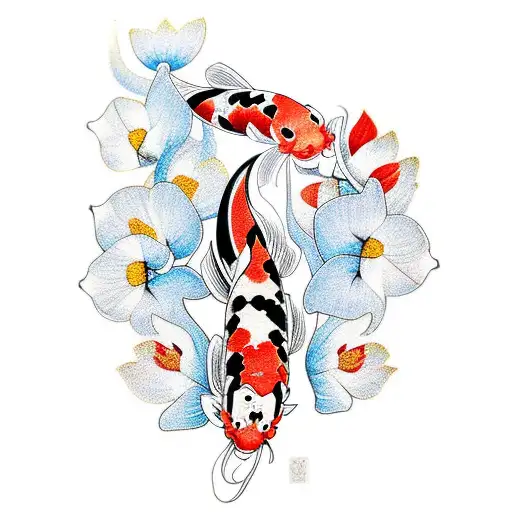 three koi fishes with one lycoris flower, one cherry blossom and ginko leaf tattoo design idea