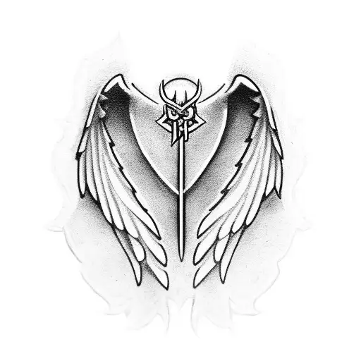 angel and devil wings with sword and 3 relegion at the center  tattoo design idea