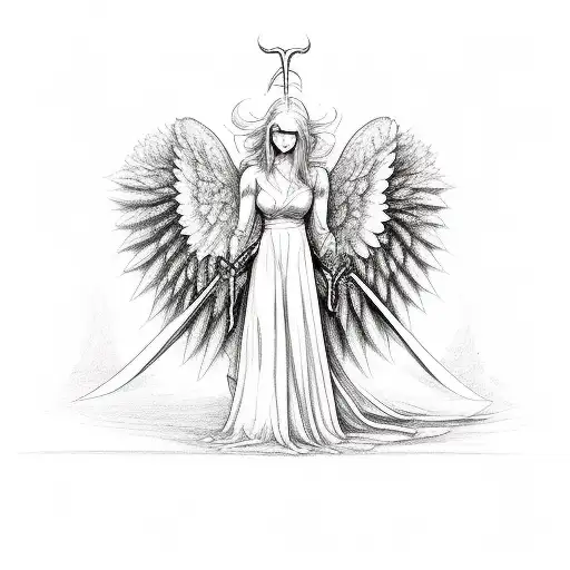 angel and devil wings with sword and 3 relegion at the center  tattoo design idea