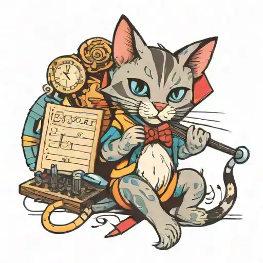 A neotraditional tattoo of a cat dressed as a Disney character, holding a music sheet with medical tools scattered around tattoo design idea